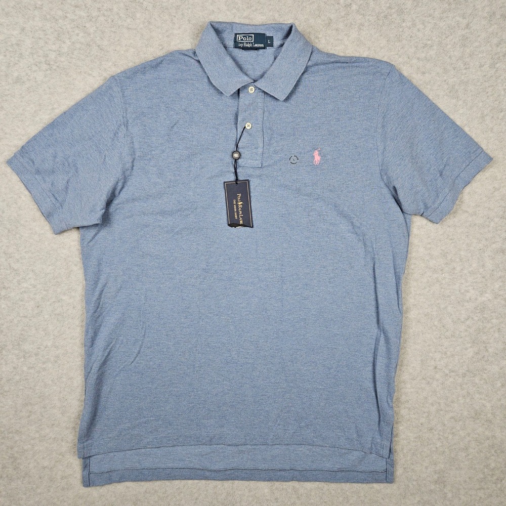 Polo Ralph Lauren Men's Large Blue Polo Shirt Mesh Cotton Short Sleeve Pink Pony
